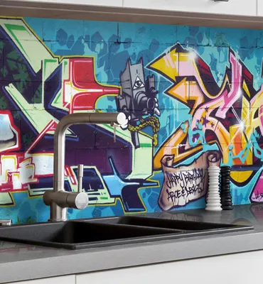 Produktbild von Küchenrückwand selbstklebend Graffiti Schrift Spritzschutz Folie 120 x 60cm