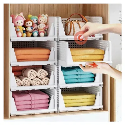 Produktbild von 5 Stück Schrank Organizer, Stapelbare Aufbewahrungskisten, Faltbare Multifunktionale Kunststofflagerung für Schlafzimmer, Küche, Büro, Badezimmer