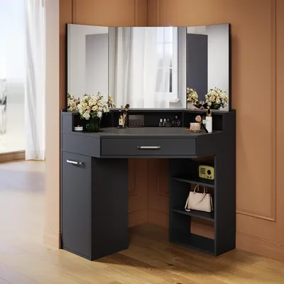 Zdjęcie produktu dla SONNI 141,5 x 54 x 111 cm Czarna toaletka z szufladami, ruchome lustra po lewej i prawej stronie