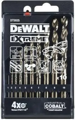 Produktbild von DEWALT DT5935-QZ - Set de Bohrer de Metall Extreme Kobalt de 10 Stück (1-10mm, für hochlegierten Stahl de und Metall, mit rutschfestem Griff und "No-Walk"-Spitze, inkl. Aufbewahrungskoffer de).