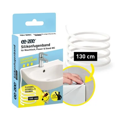 Produktbild von eezee Fugenband 130 cm für Waschtisch/Waschbecken – Fertigfuge aus Silikon, werkzeuglos montiert, ohne Silikonkartusche