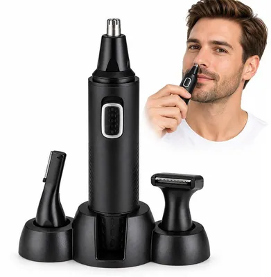 Produktbild von Nasenhaartrimmer Herren 3-in-1, elektrischer Nasen- und Gesichtshaartrimmer, 500 mAh Akku, 5 V USB-Ladung, mit 3 Aufsätzen, Schwarz-Silber