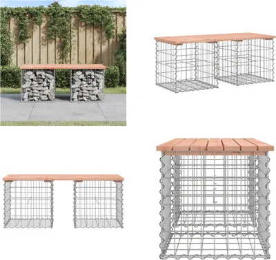 A collage of images showing a gabion garden bench with a wooden top, displayed in different settings and angles.