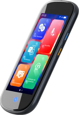 A digital translator device with a touchscreen displaying various app icons.