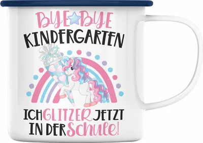 Produktbild von Trendation - Schulkind 2022 Einhorn Einschulung Mädchen Geschenk Emaille Tasse Schulstart 1. Schultag Schuleinführung Schulanfang Geschenkidee 2022 Schulkind Pferde Grafik (Blau)