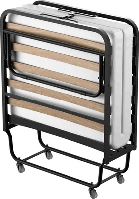 A folded portable bed with a mattress and a black metal frame is shown on a white background.