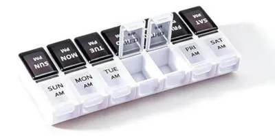 Image de Boîte à pilules hebdomadaire pour 7 jours, avec 2 compartiments par jour, sans BPA, transparente, noire et blanche