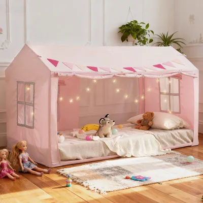 Produktbild von YEERSWAG Kinder Zelt Twin Bettzelt Prinzessin Spielzelt mit Sternenlichtern Privater Rückzugsort Burg Leseecke Spielzelt, Pink 192×99×127cm