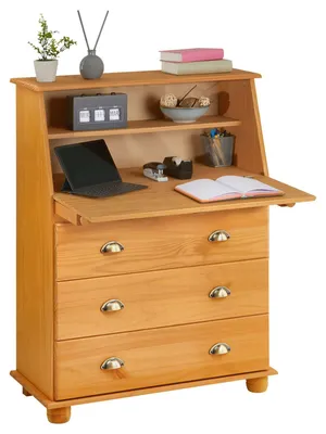 Produktbild von Sekretär GOMES aus Massivholz, Gebeizt - Schreibsekretär mit Klappe und Schubladen mit Muschelgriffen, Kiefer Massivholz, Landhausstil für Büro und Wohnzimmer
