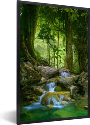 Produktbild von MuchoWow® Gerahmtes Poster Dschungel - Steine - Wasser - Natur - Pflanzen 20x30 cm - Poster mit Schwarzem Bilderrahmen Wandposter Rahmen Foto Bilder - Drucken - Bilder Poster im Rahmen
