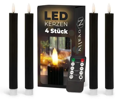 Produktbild von Stabkerzen LED mit Timer SCHWARZ 4 Stück indoor 6 Stunden - ECHTWACHS gerippt 23cm Höhe für Kerzen 2,2cm Durchmesser 2 AAA Batterien notwendig LED Stabkerzen flackernde Flamme bewegliche Flamme Licht