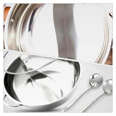 Produktbild von Edelstahl Hotpot Topf mit Trennwand 32cm, 2-geteilter Kochtopf mit Glasdeckel, bruchsicher für Induktions- und Gasherd, Suppentopf für Familie und Freunde