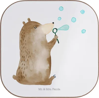 Produktbild von Mr. & Mrs. Panda Untersetzer für Gläser Bär Seifenblasen - Weiß - Geschenk, Design, Glas, Lustig Sein Glücklich Traurig Happy, Tassenuntersetzer, Tischuntersetzer, Teddy