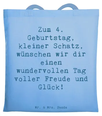 Produktbild von Mr. & Mrs. Panda Schultasche Spruch 4. Geburtstag - Sky Blue - Geschenk, Geburtstagsgeschenk, Happy Birthday, Laptoptasche, Tasche, Stoffbeutel, Tote Bag, 4 Jahre