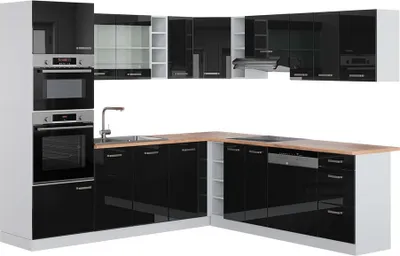 Productafbeelding van Hoekkeuken Vicco R-Line Zwart hoogglans/Wit 247 x 237 cm, WB Eik, Model 42186