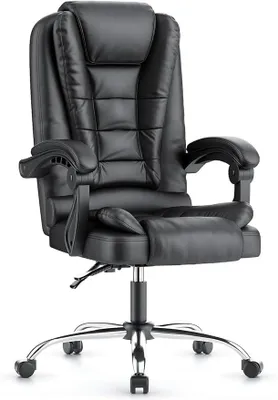 Obrázek produktu pro Kancelářská židle, křeslo pro manažery, ergonomické, potažené umělou kůží, černé barvy. Křeslo pro manažery, nosnost 150 kg, vysoké opěradlo, sedák s pružinovou výplní. Výškově nastavitelné otočné křeslo s funkcí naklápění, polstrované područky