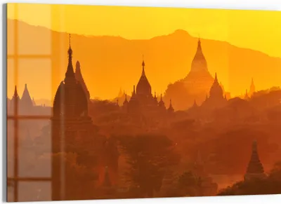 Produktbild von DEQORI Glasbild Echtglas 90x60 cm 'Goldene Stupas' Wandbild Bild modern Deko