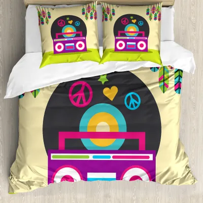 Produktbild von ABAKUHAUS Rock'n'Roll Bettbezug Set für Einzelbetten, Bohemian Stereo-Radio, Milbensicher Allergiker geeignet mit Kissenbezug, 155 cm x 220 cm - 80 x 80 cm, Gelb Grün Multicolor