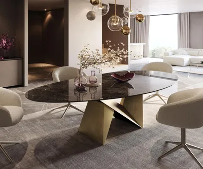 Produktbild von DELIFE Esstisch Edge Oval 280x130 Keramik Emperador Extra Lucidato Dunkelbraun Origami Metallic Gold