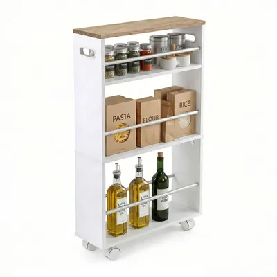 Immagine prodotto di Carrello da nicchia Relaxdays, L x P x A: 80 x 15 x 45 cm, scaffale da nicchia compatto per bagno e cucina, 4 ripiani, carrello su ruote con 2 maniglie, bianco-naturale