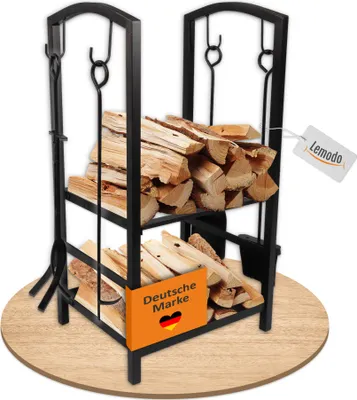 Produktbild von Kaminholzregal mit 4 teiligem Kaminbesteck, Metallregal, Brennholzregal