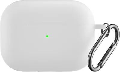 A white silicone case for Apple AirPods Pro 2 with a silver carabiner attached.