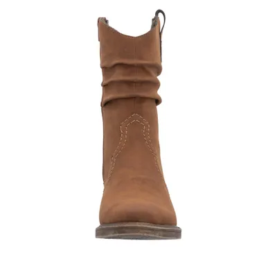 A front view of a brown cowboy boot.