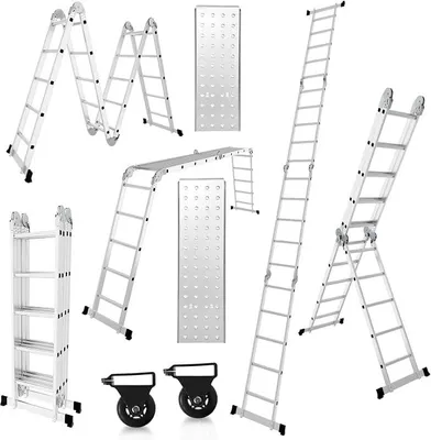 Image de Échelle polyvalente 4x5, échelle multifonctionnelle 7 en 1 582 cm Échelle polyvalente en aluminium Échelle pliante avec 2 plateformes et roulettes, échelle domestique Charge maximale 150 kg, échelle multifonctionnelle 20 échelons
