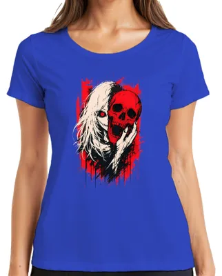 Produktbild von Horror Anime Girl Roter Totenkopf Skull Gothic Grunge Japan Manga Damen T-Shirt, Blau, XXL