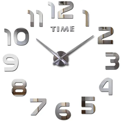 A 3D wall clock with mirrored numbers and metallic hands, displayed against a white background.