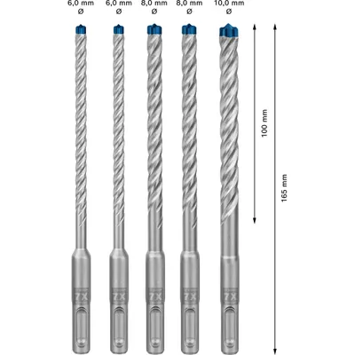 Image de Jeu de forets à percussion Bosch Professional EXPERT SDS plus-7X, 6/6/8/8/10 x 100 x 165 mm, 5 pièces, 1 lot.