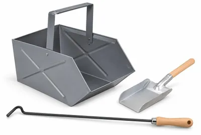 Produktbild von Graues Kaminzubehör-Set für Kaminöfen, pulverbeschichtet, Behälter 30x20x23 cm, Asche- & Brennholzaufbewahrung
