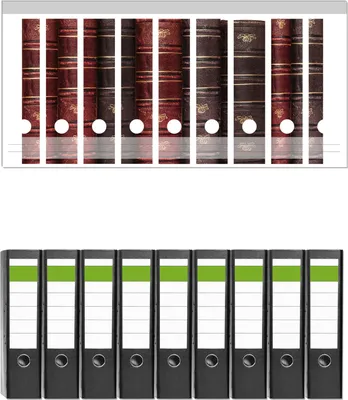 Produktbild von Wallario 9 Stück breite Ordner inkl. Klebeetiketten mit Motive Alte Bücher mit rotem und braunem Ledereinband -  Set mit Rückenschildern / Ordnerrücken Stickern