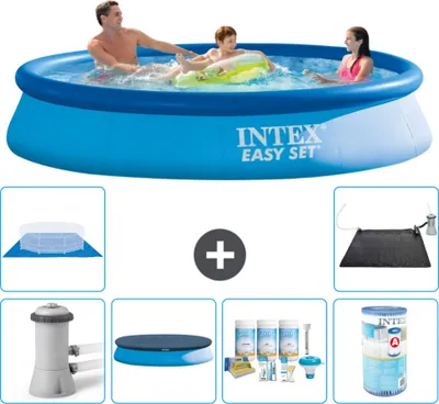 Produktbild von Intex runder aufblasbarer Easy Set-Schwimmpool – 366 x 76 cm – Blau – inklusive Pumpe Abdeckung - Wartungspaket - Filter - Bodenplane - Solarmatte