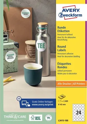 Produktbild von Avery Zweckform - Etikett Zweckform L3415 rund 40mm weiß | 5 Stück