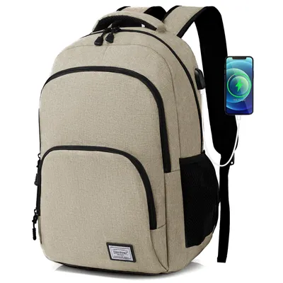 Image de Sac à dos pour ordinateur portable pour homme, sac à dos décontracté de grande capacité pour ordinateur portable 15,6 pouces avec port de recharge USB, idéal pour les voyages (beige)