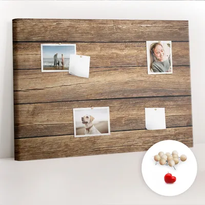 Imagen del producto de Tablero de corcho con chinchetas – Tablero con chinchetas para fotografías y notas – 100x70 cm – 100 chinchetas de madera – Tablas de madera