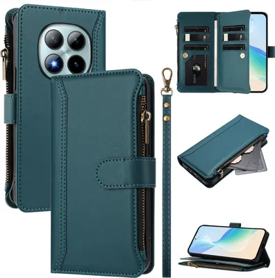 Immagine prodotto di Custodia per Xiaomi Redmi Note 15 Pro+, con cerniera, portafoglio in Finto cuoio con tasche per carte, supporto e passante per la mano verde