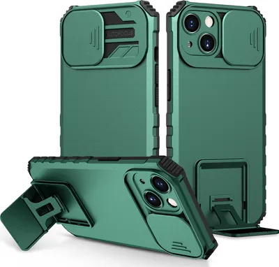 Produktbild von iPhone 15 Hülle, Dual Layer Ständer Schutzhülle mit Schiebe Kamera Schutz für iPhone 15 Grün