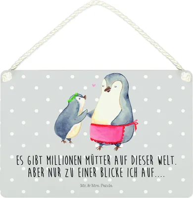 Produktbild von Mr. & Mrs. Panda Schild Pinguin mit Kind DIN A4 - Grau Pastell - Geschenk, Mama, wandtafel, Muttertag, Pinguine, Vorbild, Mutter, Familie, wandhänger, Türschild