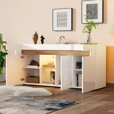 Produktbild von STILVORA 3-türiges Sideboard,Wohnzimmerschrank mit LED-Lichtsteuerung durch App-Steuerung,Hochglanz-Wohnmöbel mit Glasboden,weiß