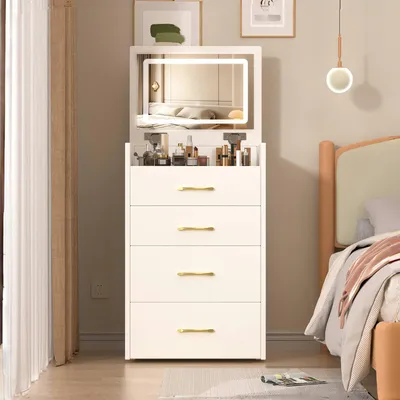 Obrázok produktu pre Toaletný stolík 60 x 40 x 118 cm, dizajn 3 v 1, sklopné zrkadlo, sklenená doska, 3 zásuvky, stolička, biely
