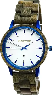 Produktbild von Holzwerk FLENSBURG Damen & Herren Holz Uhr, mit Datum, oliv grün, weiß, blau
