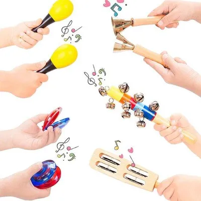 Image de Kit de percussions pour tout-petits - Jouets musicaux en bois avec sac de transport, batterie, maracas et tambourin pour les tout-petits