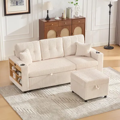 Image de MODFU Canapé-lit Convertible - 3 Places avec Rangement Intégré et Port USB Type-C, Éclairage LED Doux - Velours Côtelé, Beige