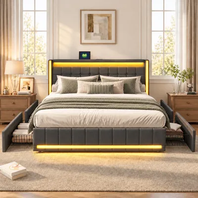 Immagine prodotto di Letto imbottito BPKADHY, struttura 140x190 cm, grigio scuro, con 4 cassetti per riporre oggetti, illuminazione LED, porta USB, rivestito in lino, senza materasso