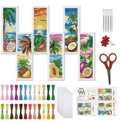 Image de Lot de 6 marque-pages à broder, motif fruits d'été, pré-imprimés, pour débutants, dimensions 20x6 cm