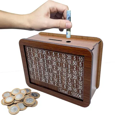 Produktbild von Spardose aus Holz, Retro Sparb¨¹chse Aufbewahrungsbox, Wiederverwendbare Spardose mit Sparziel und Zahlen zum ankreuzen,Sparb¨¹chse f¨¹r Hilft Kindern und Erwachsenen Die Gewohnheit Zum Sparen Zu(1000€)