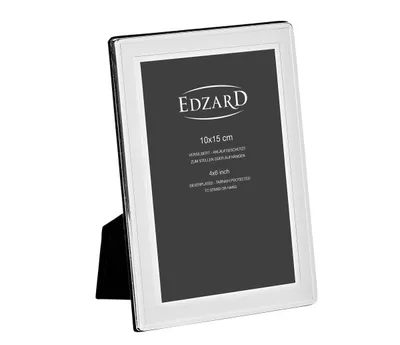 A silver-colored photo frame with a black stand, displayed against a white background.