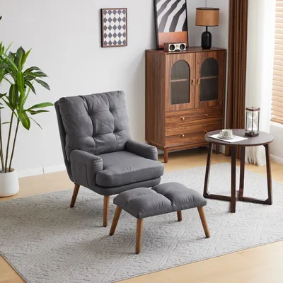 Produktbild von Merax Relaxsessel Ohrensessel mit Ottomane, Stoffbezug Polyester, Füße Eiche, Grau, 5-stufig verstellbare Rückenlehne, mit Seitentaschen, rutschfeste Fußpolster, Sessel: B67xH96,5xT60 cm, Ottomane: B60xH38,5xT41 cm